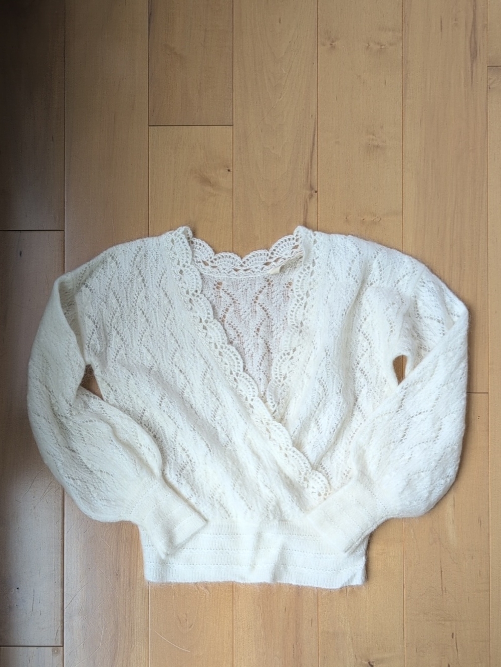 Sezane Ivory Lace-Trim V-Neck Knit Sweater